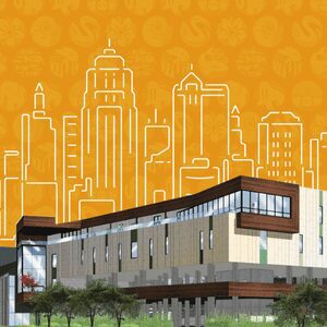PediatricRenderingCalendar_300x300 New pediatric wing rendering with skyline behind it.