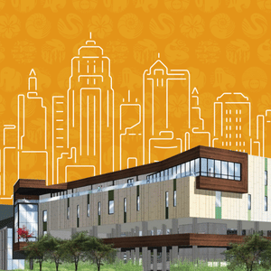 New pediatric wing rendering with skyline behind it.