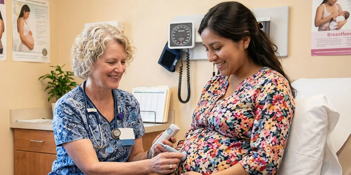 Midwifery Midwife working with pregnant woman.